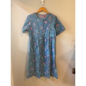 Woman Within Dress Womens 14WP Blue Floral Cotton Button Midi Summer Coastal